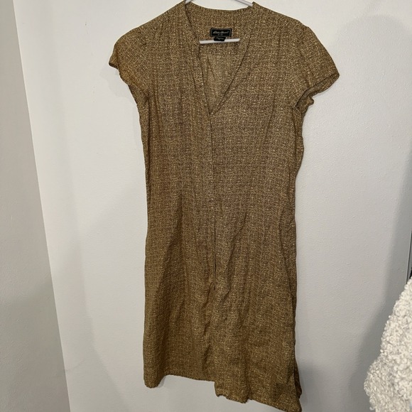 Eddie Bauer Maxi Dress Button Up Size 14 Linen Short Sleeve Brown - Picture 1 of 8